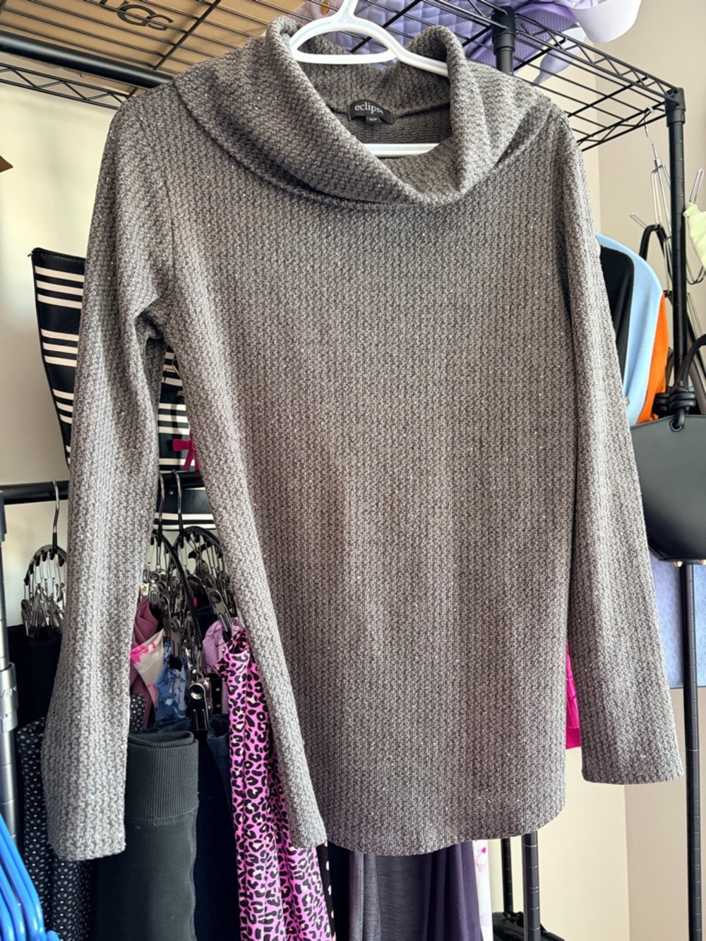 Eclipse Taupe Cowl Neck sparkly pullover sweater